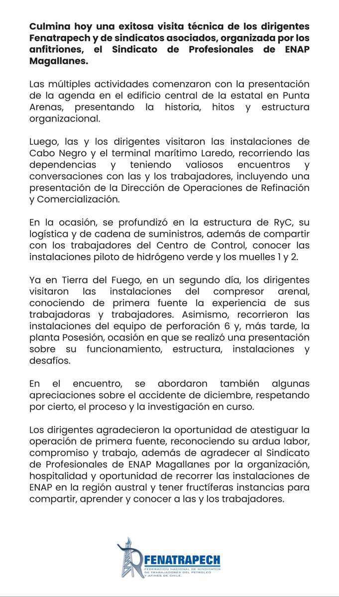 Culmina hoy una exitosa visita técnica de los dirigentes Fenatrapech y de sindicatos asociados, organizada por los anfitriones, el Sindicato de Profesionales de ENAP Magallanes.