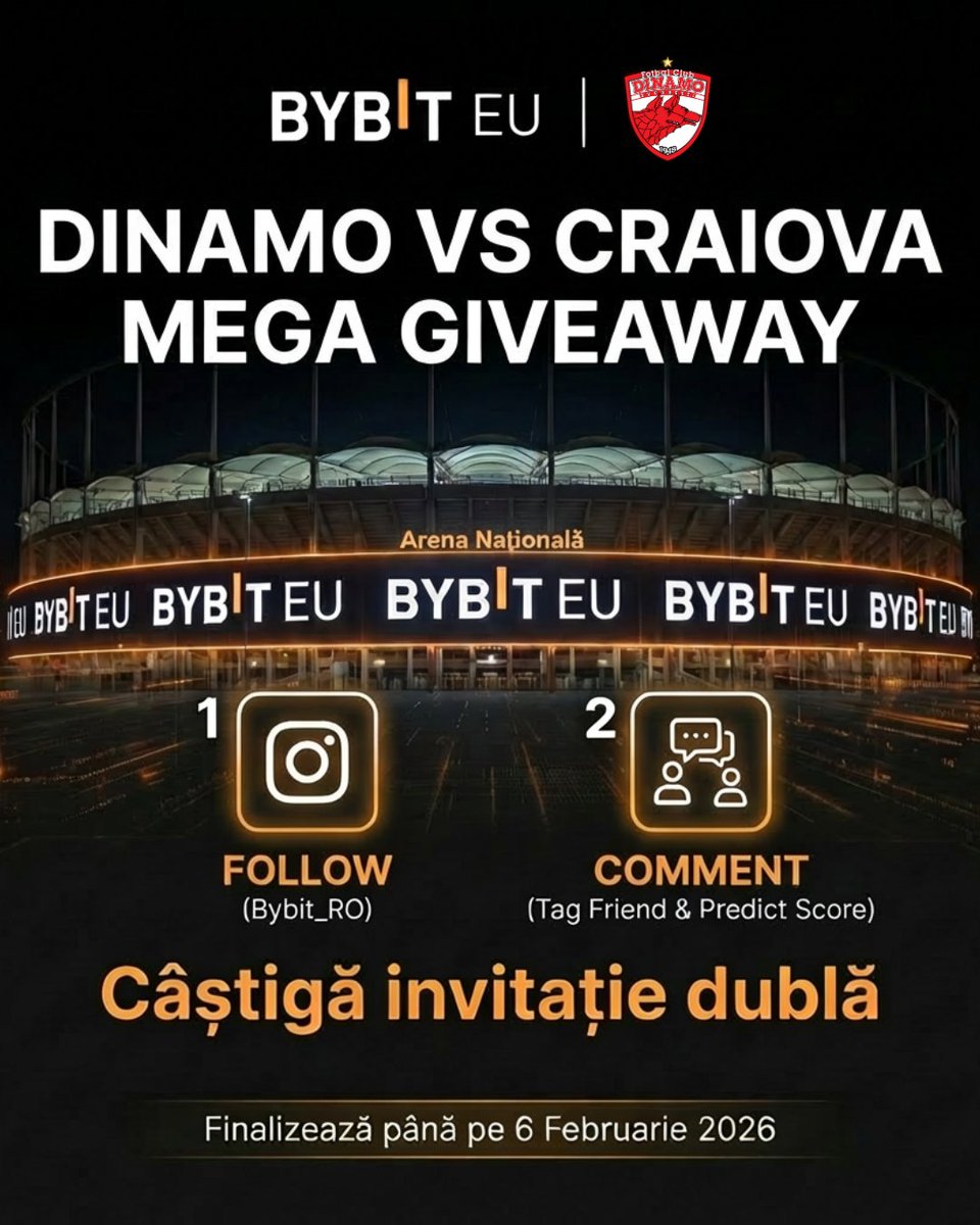 ⚪️🔴 Dinamo vs Craiova ⚪️🔵
Dam 300+ invitatii duble la meci!
Cel mai simplu Giveaway:
1. Follow Bybit Romania
2. Tag un amic in comentarii si spune scorul final.
Atat de simplu.  
Deadline: 6 februarie
Invitație dublă = 2 bilete, sector T2.
T&amp;C aplicabile. Acest conținut este o