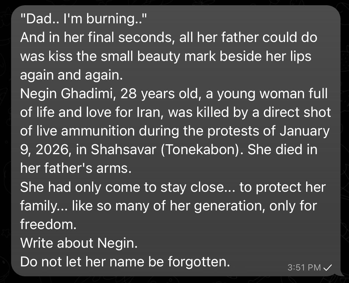 FaezehM99's tweet photo. This is a real voice from Iran:
#IranMassacre #IranRevolution2026 #R2Pforlran https://t.co/6qe7DvE9hN