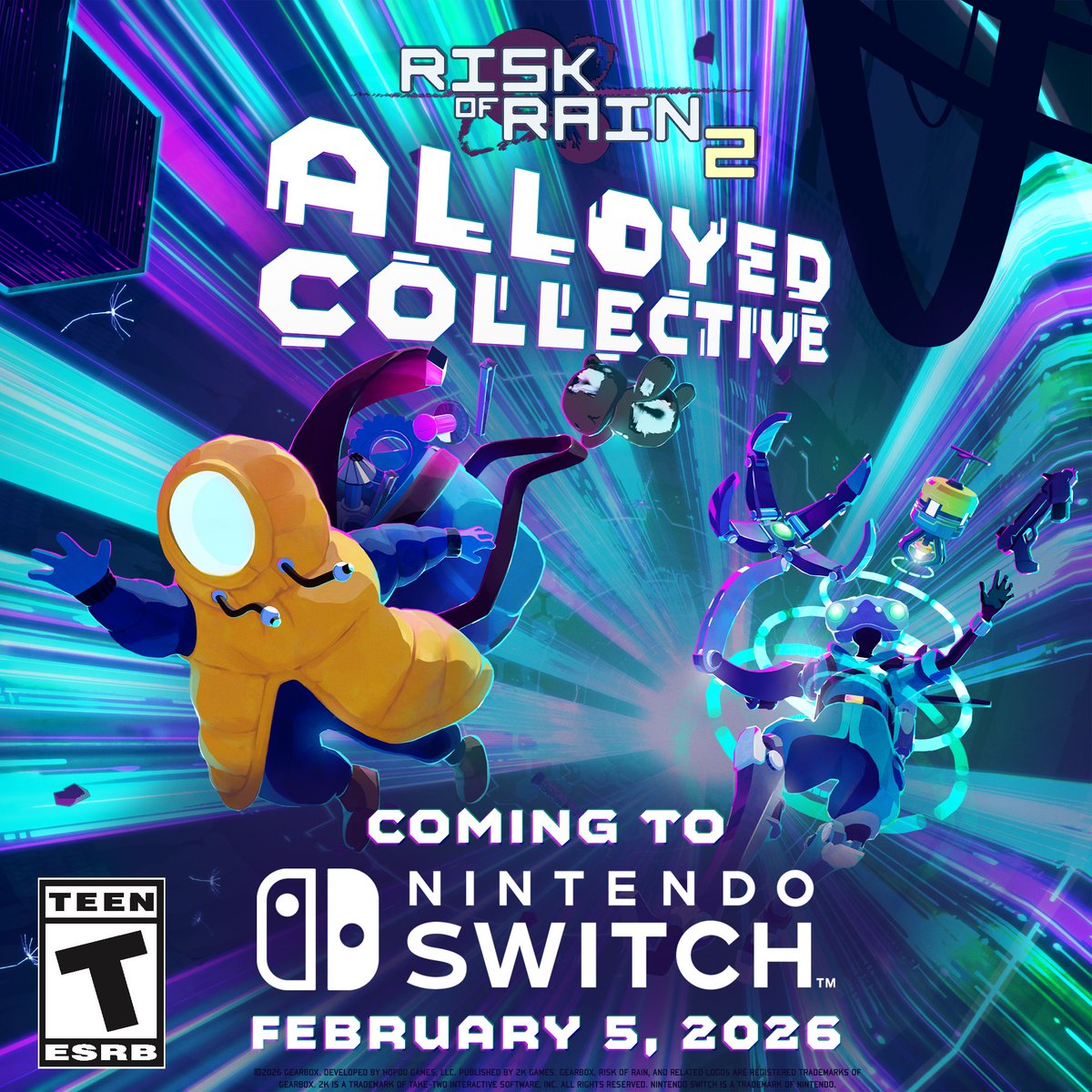 RiskofRain's tweet photo. The latest DLC for Risk of Rain 2, Alloyed Collective, releases on Nintendo Switch February 5, 2026 via the Nintendo eShop!

This release includes all the fixes and updates introduced on other systems and has a significant performance upgrade that allows for much longer runs than previously possible.