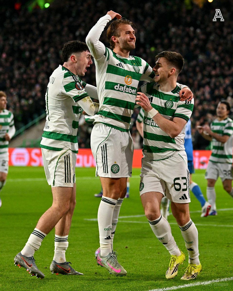 TheAthleticFC's tweet photo. A win for Celtic tonight and they will progress into the Europa League knockout stages. 

And at the break, it is looking good: they're 3-1 up against Utrecht.

Benjamin Nygren opened the scoring before Nick Viergever put into his own net. Arne Engels added a third from the spot. https://t.co/yVSk94IqZO