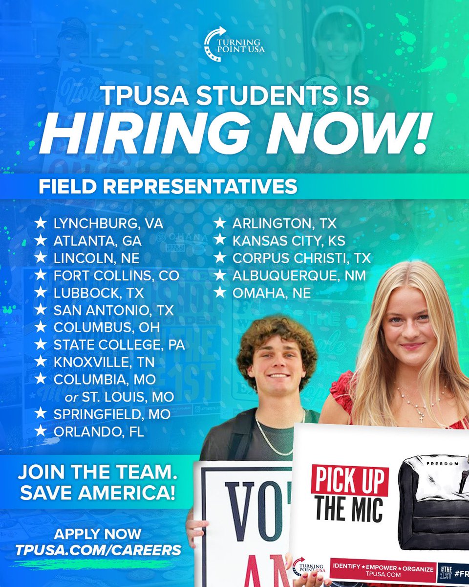 WE ARE HIRING 🚨

If you’re passionate about making an impact, come help build the next generation 🇺🇸

APPLY NOW  
tpusa.com/careers/

<a href="/TPUSA/">Turning Point USA</a>
