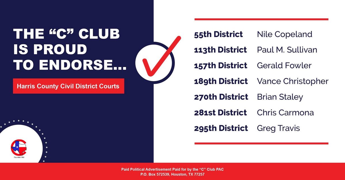 Harris County Civil District Courts resolve the county’s most significant civil disputes - affecting businesses, families, and communities - &amp; set the tone for how justice is administered here.

We’re proud to endorse these candidates for the Harris County Civil District Courts!