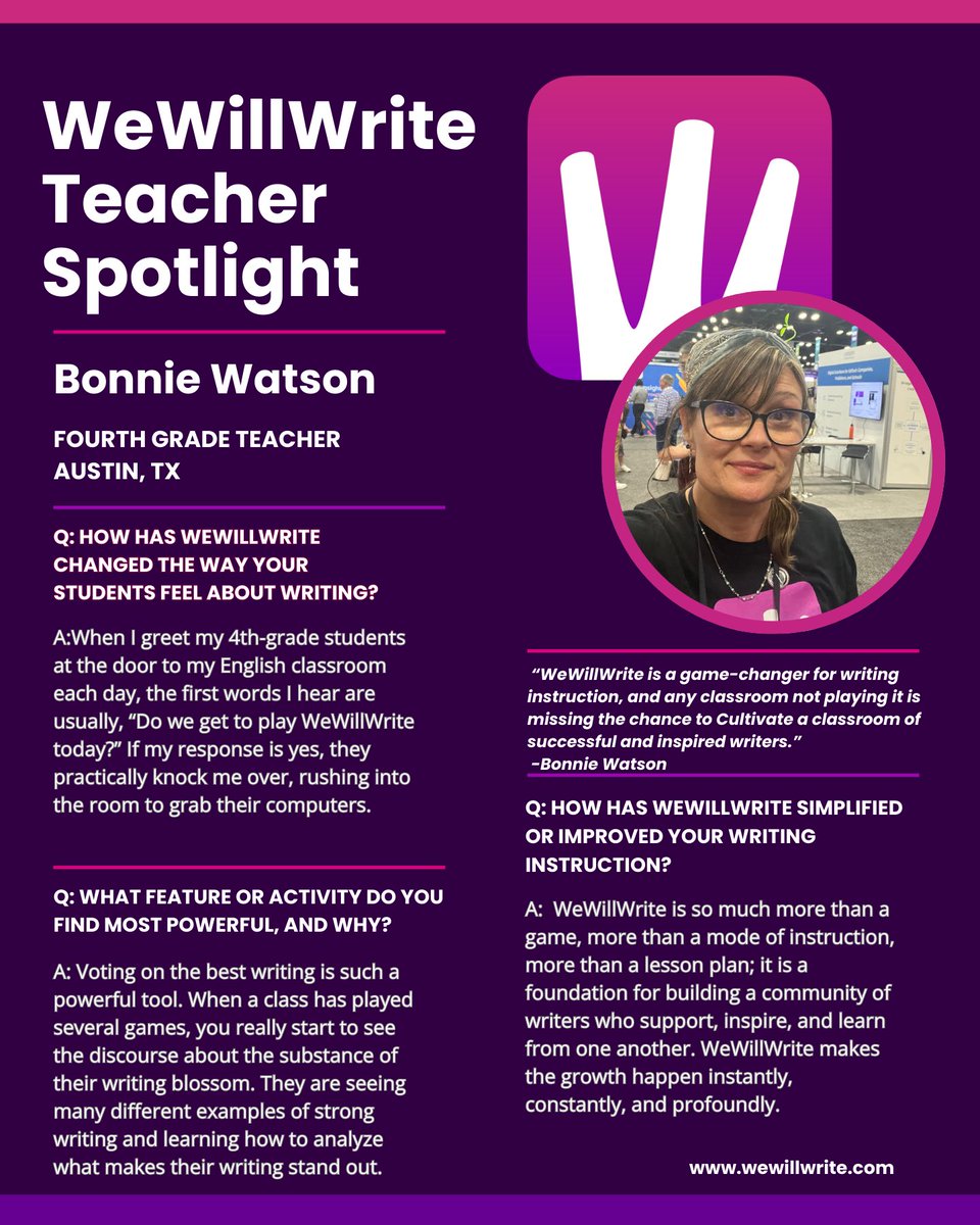 wewillwrite_com's tweet photo. Teacher Spotlight: Bonnie Watson π
4th grade teacher in Austin, TX.
At the door her students ask, βDo we get to play today?β
She loves how voting leads to real talk about what makes writing strong.
#ElementaryELA #FutureReady #Literacy #ClassroomCulture https://t.co/zobSOgVKNl