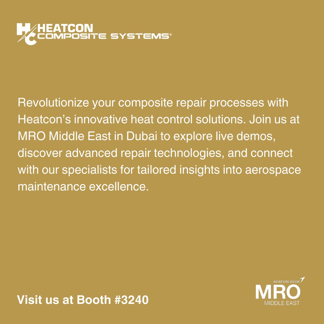Stop by for live demonstrations, hands-on insights, and to meet our expert team ready to support your needs! Join us at MRO Middle East &amp; AIME 2026 in Dubai!

📅 February 4-5, 2026
📍 Dubai World Trade Centre
🛫 Booth 3240

#HEATCON #AviationRepair #AviationWeek