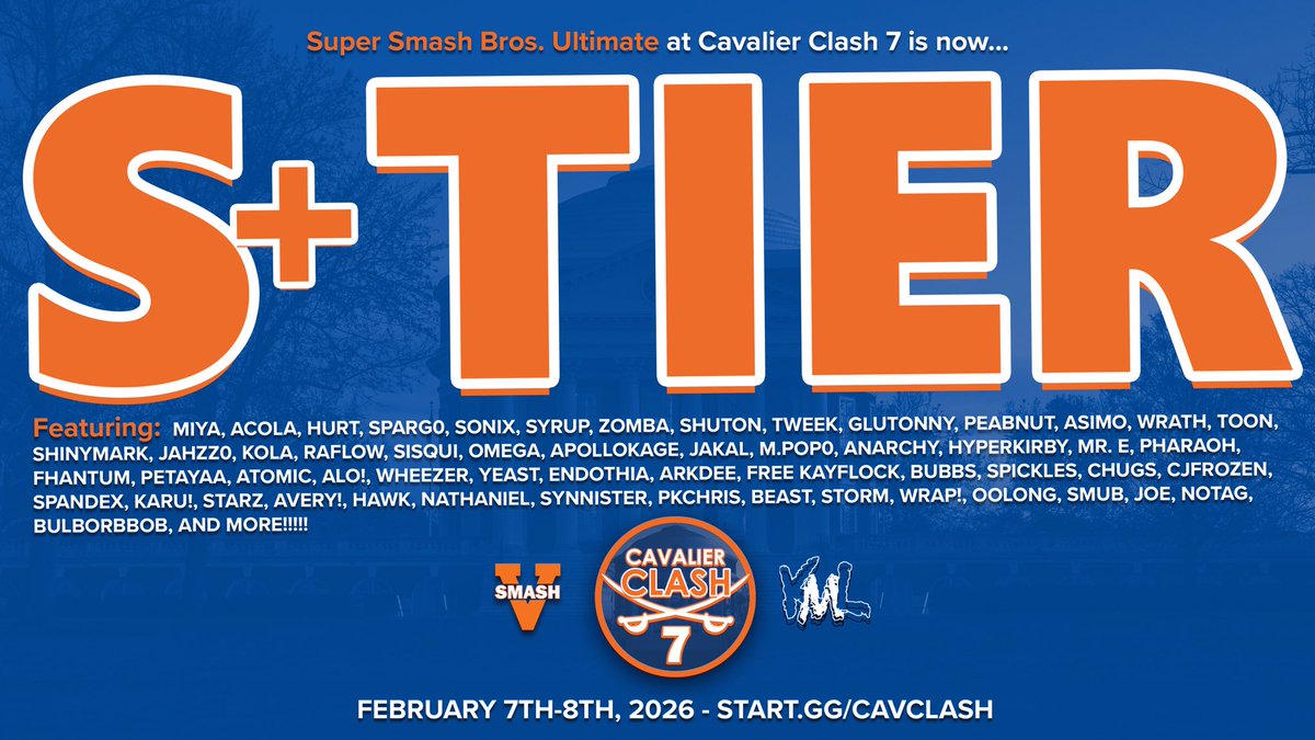 Super Clash +

Excited to say that SSBU at Cavalier Clash 7 is now an S+ tier tournament. The first ever of its kind in Central Virginia

Want to join in on the fun? Emergency reg for SSBU ends Saturday night. Go crazy