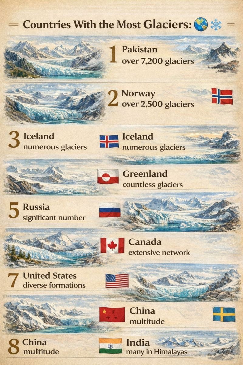 Countries With the Most Glaciers:

1. 🇵🇰 Pakistan: over 7,200 glaciers
2. 🇳🇴 Norway: over 2,500 glaciers
3. 🇮🇸 Iceland: numerous glaciers
4. 🇬🇱 Greenland: countless glaciers
5. 🇷🇺 Russia: significant number
6. 🇨🇦 Canada: extensive network
7. 🇺🇸 United States: diverse formations