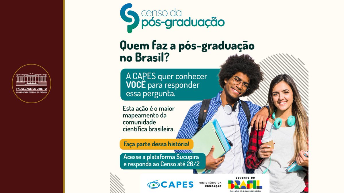 Participe do 1º Censo da Pós-Graduação da CAPES! Se você é aluno, professor ou pesquisador da UFPR, sua resposta é obrigatória e fundamental para novas políticas na ciência. 🎓
Prazo: 26/02 
O formulário está disponível na Plataforma Sucupira
Saiba mais:  gov.br/capes/pt-br/ac…