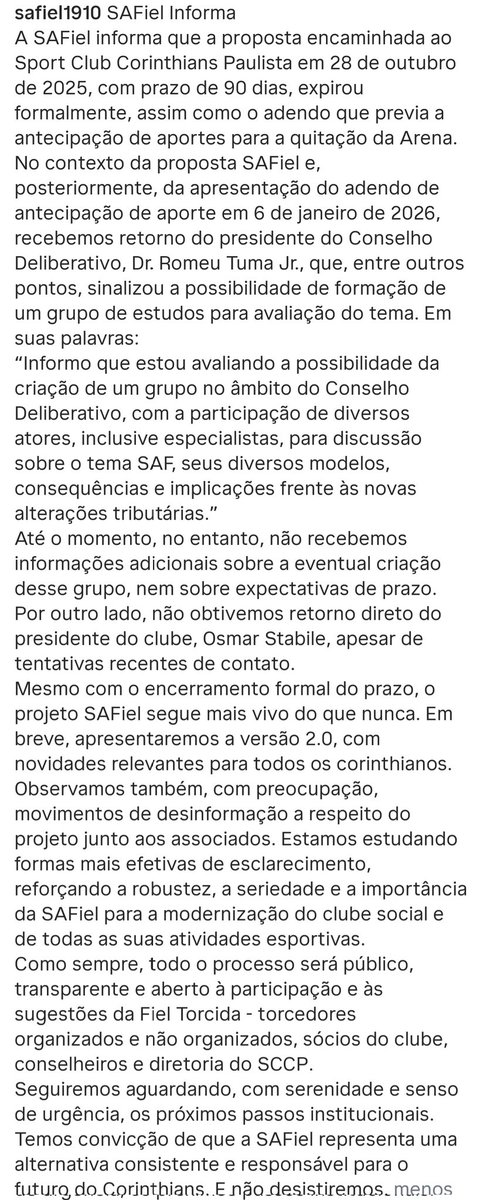 Vessoni's tweet image. Para a surpresa de ninguém, o Parque São Jorge e seu falido modelo associativo c... e andaram para a proposta da SaFiel. 

Nem mesmo a possibilidade de quitação da maior dívida do clube (Caixa) mexeu com aqueles que só pensam neles e não tão nem aí pra instituição.

E os quase R$…