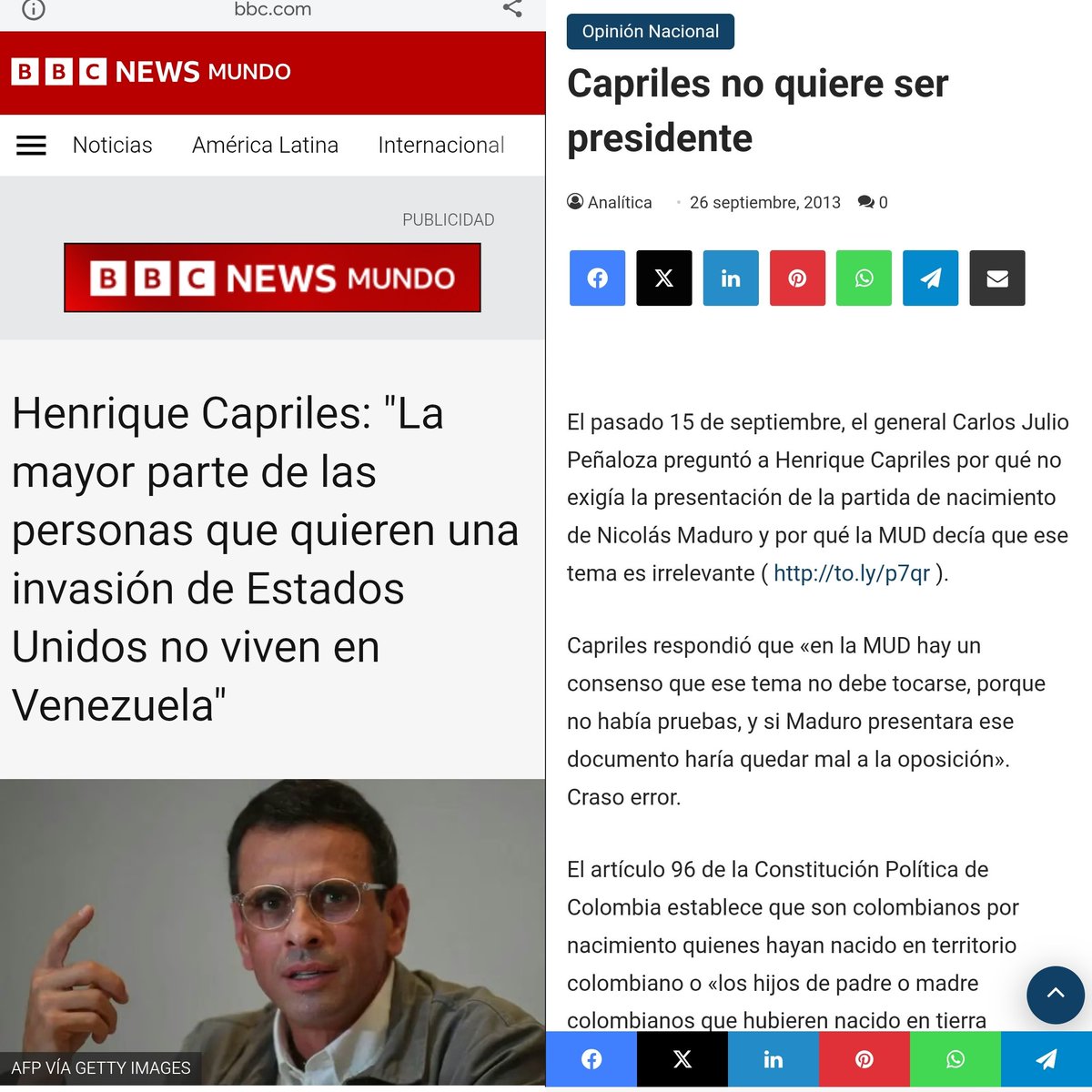 Aquí recordando cuando Capriles,Ramos Allup y la MUD le echaron tierrita al tema de que Maduro es realmente colombiano porque"era irrelevante"aunque la Constitución exige candidatos venezolanos.Sospechosamente Capriles tb se oponía a la intervención de USA. Las vueltas de la vida
