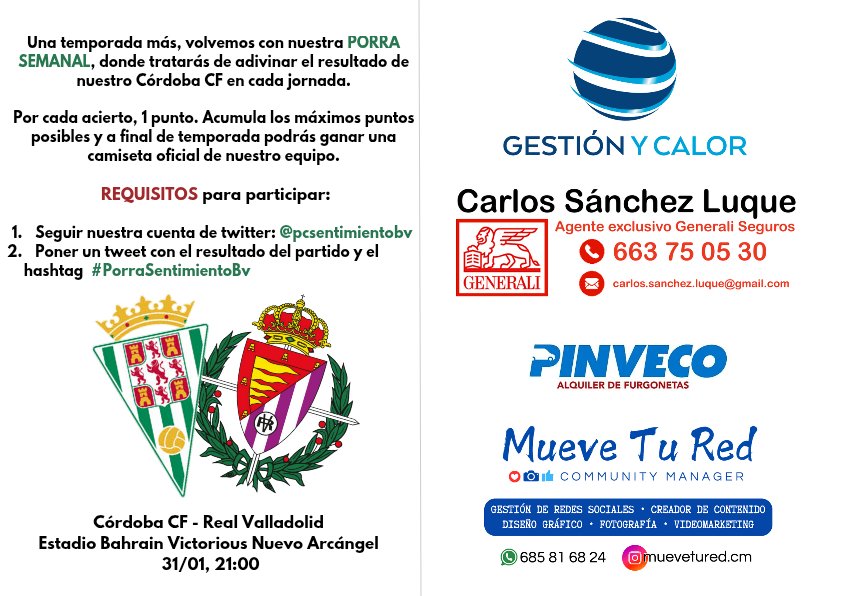 ⚪️🟢 𝙋𝙊𝙍𝙍𝘼 𝙎𝘽𝙑 ⚪️🟢

Aquí esta de nuevo nuestra porra semanal, suerte a todos!!! 

Participa en nuestra #PorraSentimientoBv y ve acumulando puntos para poder conseguir una camiseta oficial.

⚠️ Recuerda cumplir con todos los requisitos 👇🏻