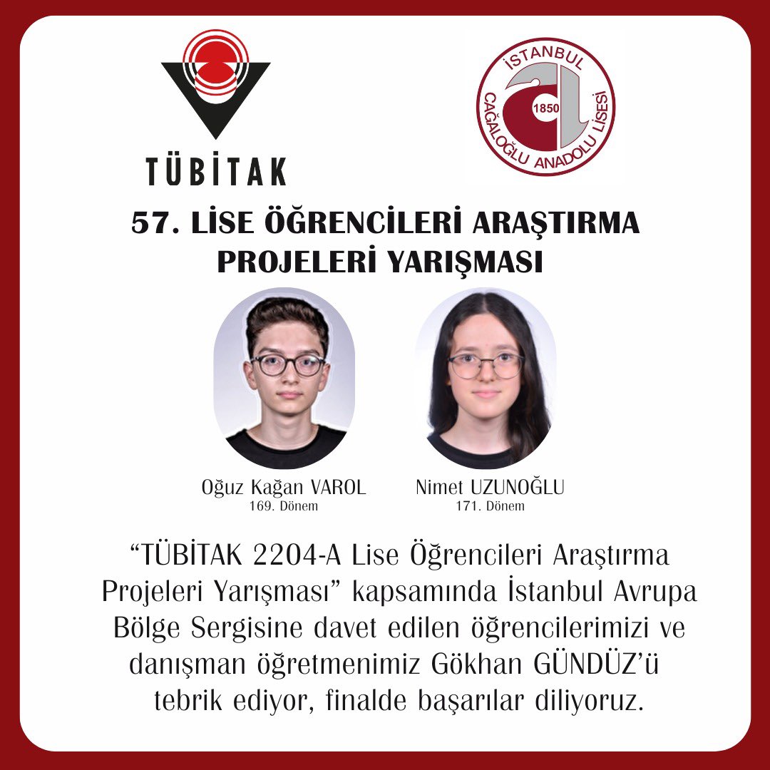 Okulumuz öğrencileri Oğuz Kağan Varol ve Nimet Uzunoğlu, TÜBİTAK 2204-A 57. Lise Öğrencileri Araştırma Projeleri Yarışması kapsamında projeleriyle İstanbul Avrupa Bölge Sergisi’ne davet edilme başarısı göstermiştir.

Öğrencilerimizi ve projelerinde kendilerine rehberlik eden