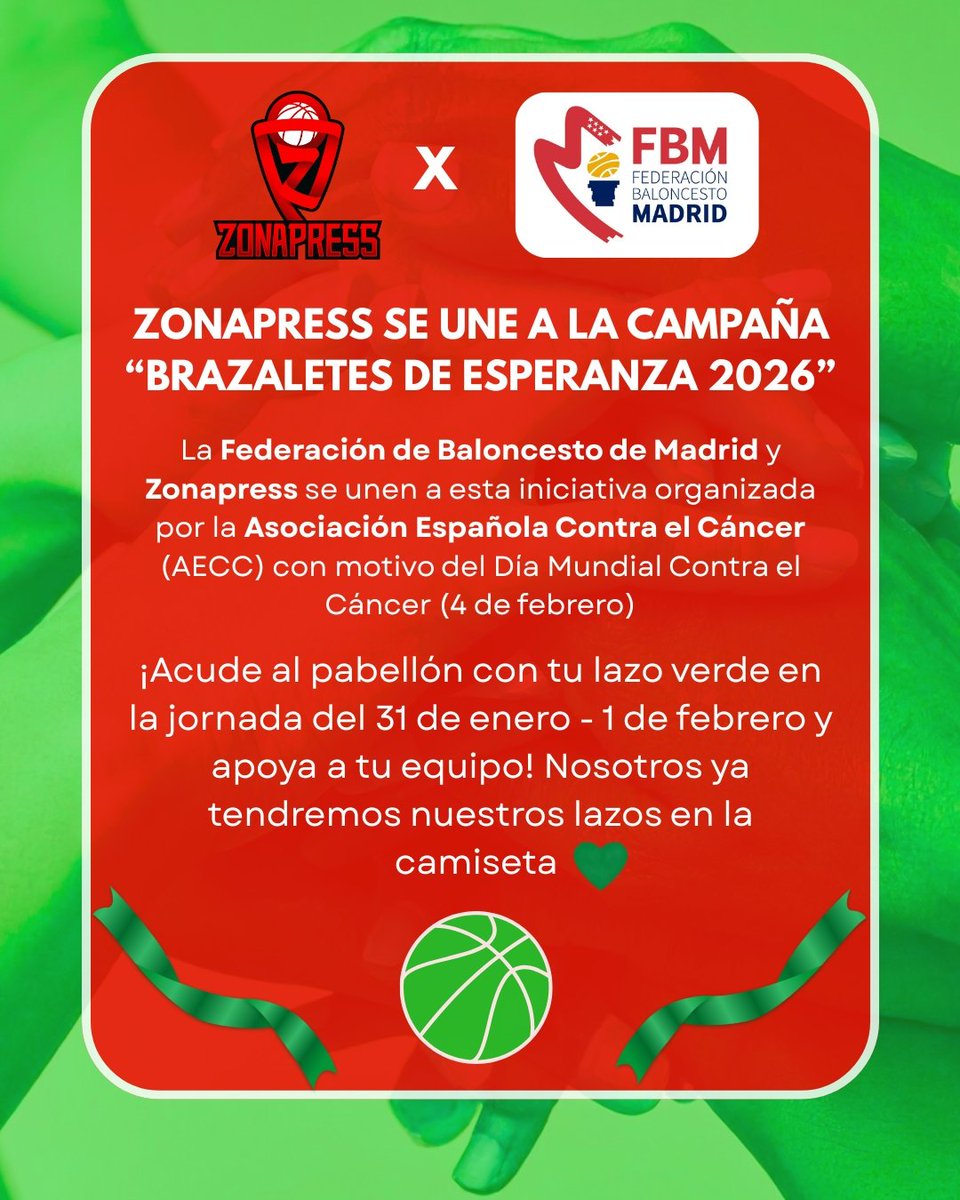 Este fin de semana tenemos una cita en el Dehesa Boyal junto a la <a href="/FBMadrid/">Fed. Bcto. de Madrid</a> y la <a href="/ContraCancerEs/">Asociación Española Contra el Cáncer</a>  con motivo del Día Mundial Contra el Cáncer 💚🏀

Ven con tu lazo verde a la grada y apoya a tu equipo favorito y se parte de los "Brazaletes de Esperanza 2026"  💚