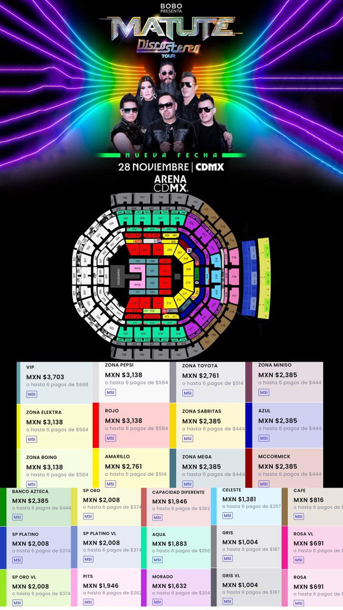 ailoviutl's tweet image. 🚨 PRECIOS DE BOLETOS OFICIALES 🚨

MATUTE 🪩 DISCO STEREO TOUR
🗓️ Sábado 28 de Noviembre del 2026 🗓️
🏟️ Arena CDMX 🏟️
📍 Ciudad de México 📍

🎟️ Precios de Boletos con Cargos 🎟️

VIP: $3,703
Zona Elektra: $3,138
Zona Boing: $3,138
Zona Pepsi: $3,138
Rojo: $3,138
Amarillo: $2,761…