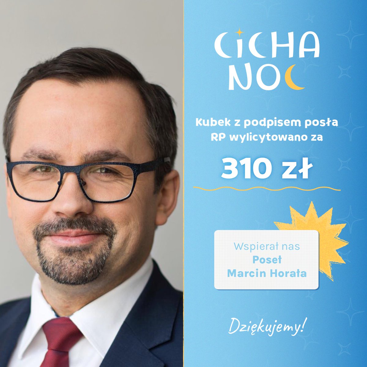 ☕ Mały przedmiot, duża pomoc
Kubek z podpisem Posła Marcina Horały <a href="/mhorala/">Marcin Horała</a>  został wylicytowany za 310 zł
Dziękujemy za udział w zbiórce. Kawa w takim kubku na pewno smakuje lepiej – bo pomaga💙