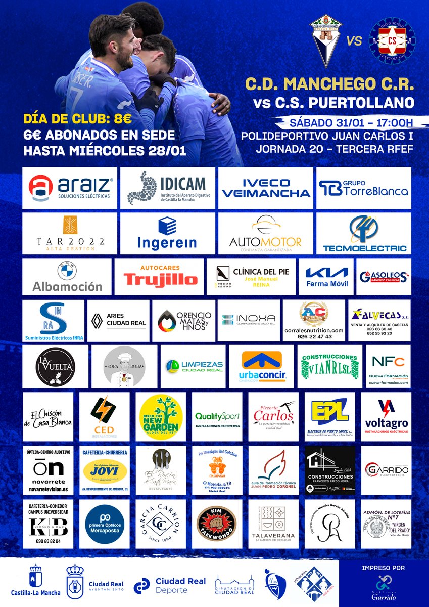 🔵 CARTEL PARTIDO ⚪️     

Repartidos por toda #CiudadReal y pueblos cercanos los carteles del partido de este sábado en el Poli con la visita del C.S. Puertollano.  

Gracias a todas las empresas que suman su apoyo a los partidos de casa. Y a los #Mancheguistas que dedican parte