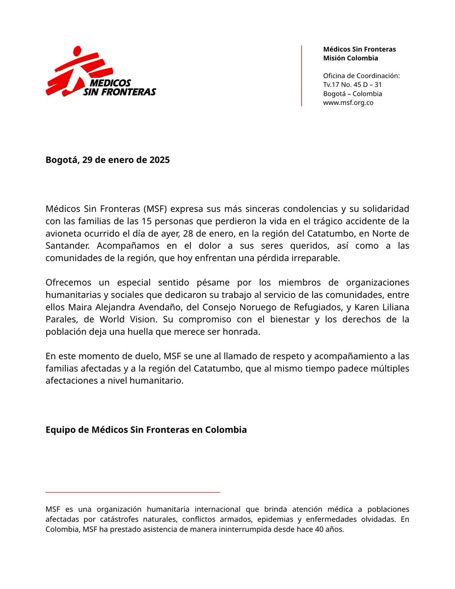 Expresamos nuestras condolencias y solidaridad con las familias de las 15 personas fallecidas en el accidente aéreo en Catatumbo, Norte de Santander.

Acompañamos su dolor y honramos la labor humanitaria de quienes dedicaron su trabajo al servicio de la comunidad.