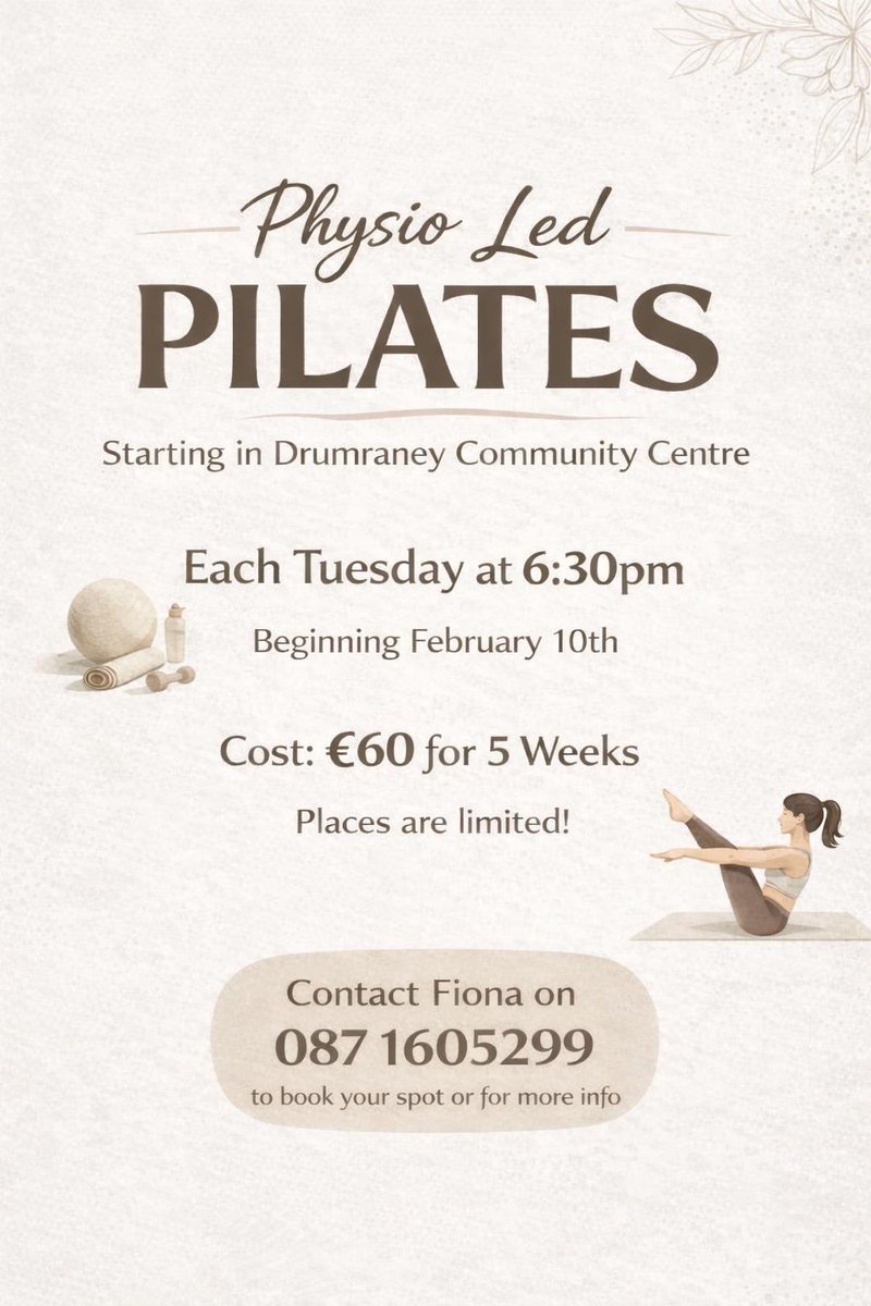 Physio-led Pilates will begin in Drumraney Community Centre on Tuesday, 10th February. Contact Fiona on 0871605299 for bookings and more info!