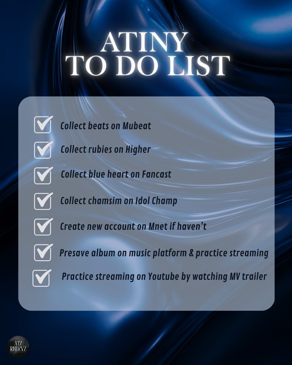 [D-7] ATINY TO DO LIST
______________
ATINYs! Daily reminder for your comeback preparation task. Don't forget to do these list below today so we can get stronger by the time the comeback is released. Fighting!!

#LOCKinforATEEZ <a href="/ATEEZofficial/">ATEEZ(에이티즈)</a>