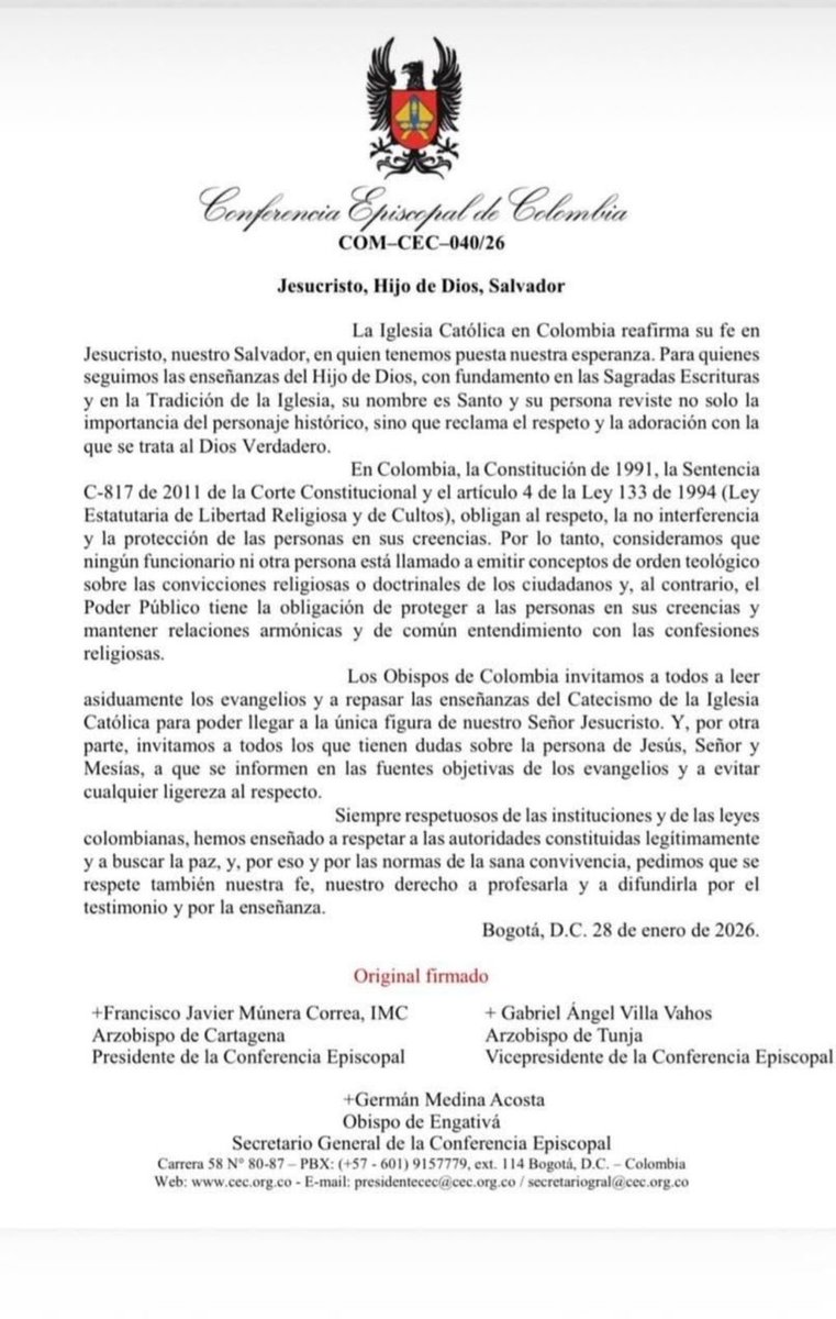 Nos sumamos a las voces de las distintas confesiones religiosas para exigir respeto por la fe y convicciones de millones de colombianos 🇨🇴.

Con mayor razón, quienes ejercemos cargos públicos estamos llamados a proteger la #LibertadReligiosa como principio constitucional.
