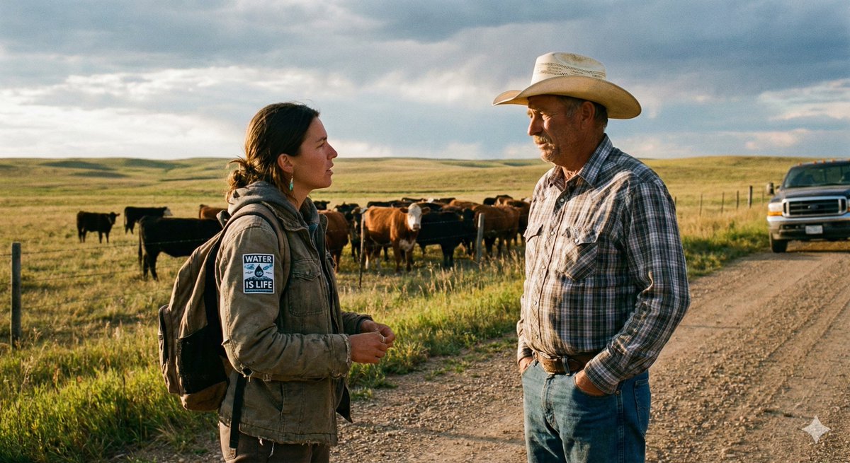 Activist: "Your cattle are destroying the climate."
Farmer: "My 150 cattle?"
Activist: "Every little bit counts."
Farmer: "There were 60 million bison here 200 years ago."
Activist: "And look where we are now."
Farmer: "Where?"
Activist: "Climate crisis."
Farmer: "From 48 million