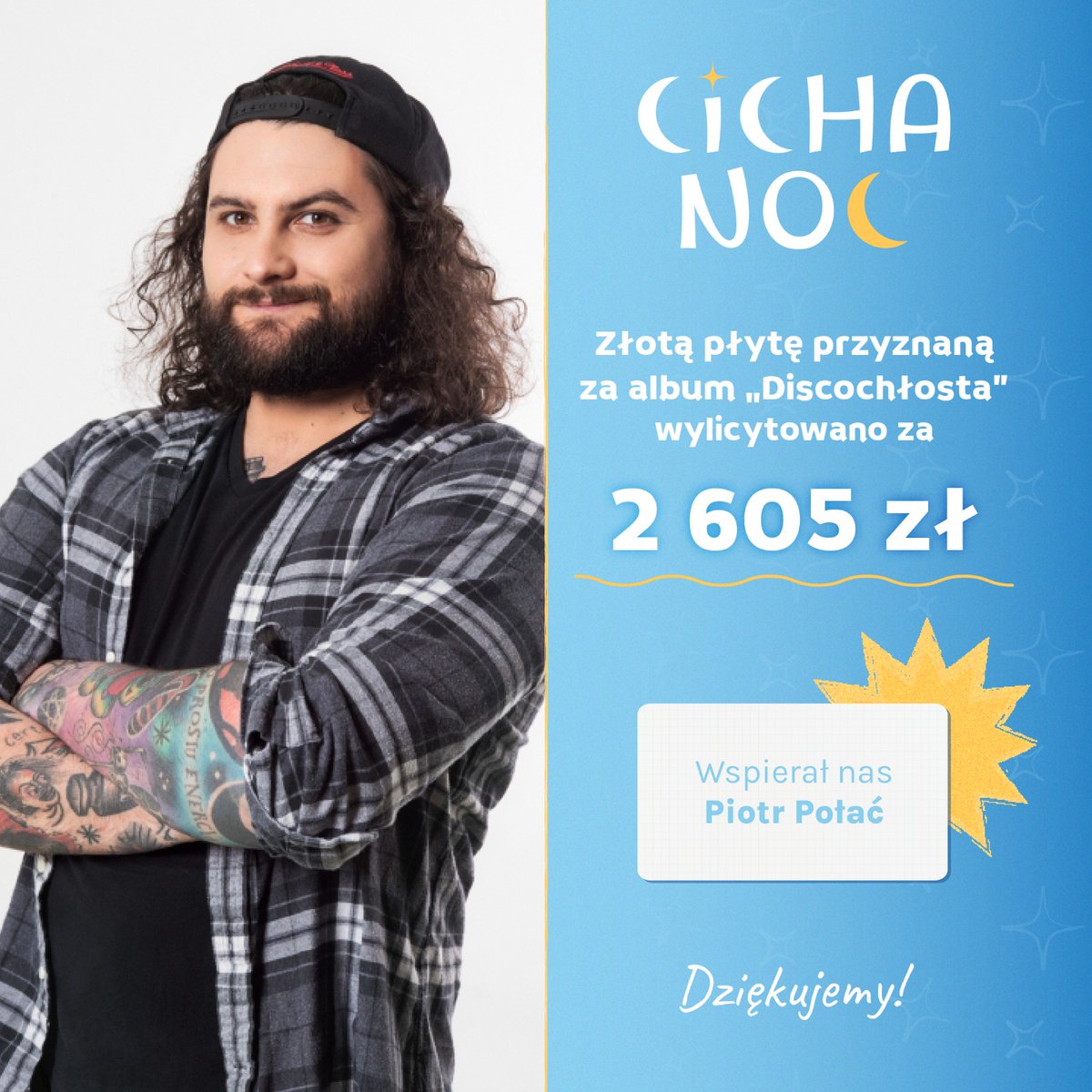 💿 Muzyka, emocje i wielkie serce
Złota płyta za album „Discochłosta”, przekazana przez Piotra Połacia, osiągnęła w licytacji 2 605 zł! ✨
Dziękujemy za to wyjątkowe muzyczne trofeum. Zwycięzca zyskał kawałek historii, a my kolejne środki na pomoc potrzebującym 💙