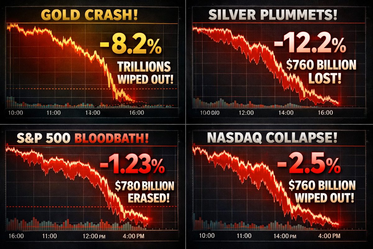🚨MASSIVE CRASH IN THE MARKET.

Gold is down 8.2% and has wiped out nearly $3 trillion from its market cap.

Silver has dumped 12.2% and erased $760 billion from its market cap.

The S&amp;P 500 has fallen 1.23% and erased $780 billion.