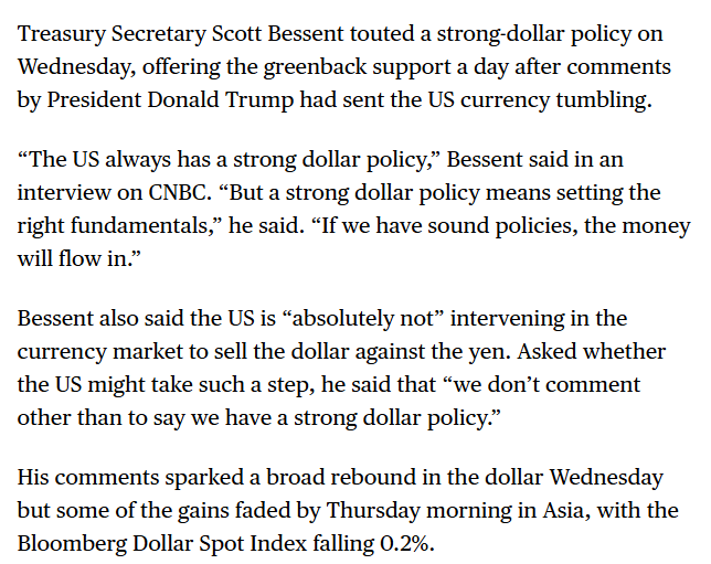 Ostatnie zachowania administracji Trumpa to "Damage Control" .
Nie tylko JD Vance próbuje ratować sytuację politycznie. Do akcji wkroczył Sekretarz Skarbu Scott Bessent, zapewniając rynki, że "USA mają politykę silnego dolara" i zaprzeczając celowym interwencjom.

Dlaczego? Bo