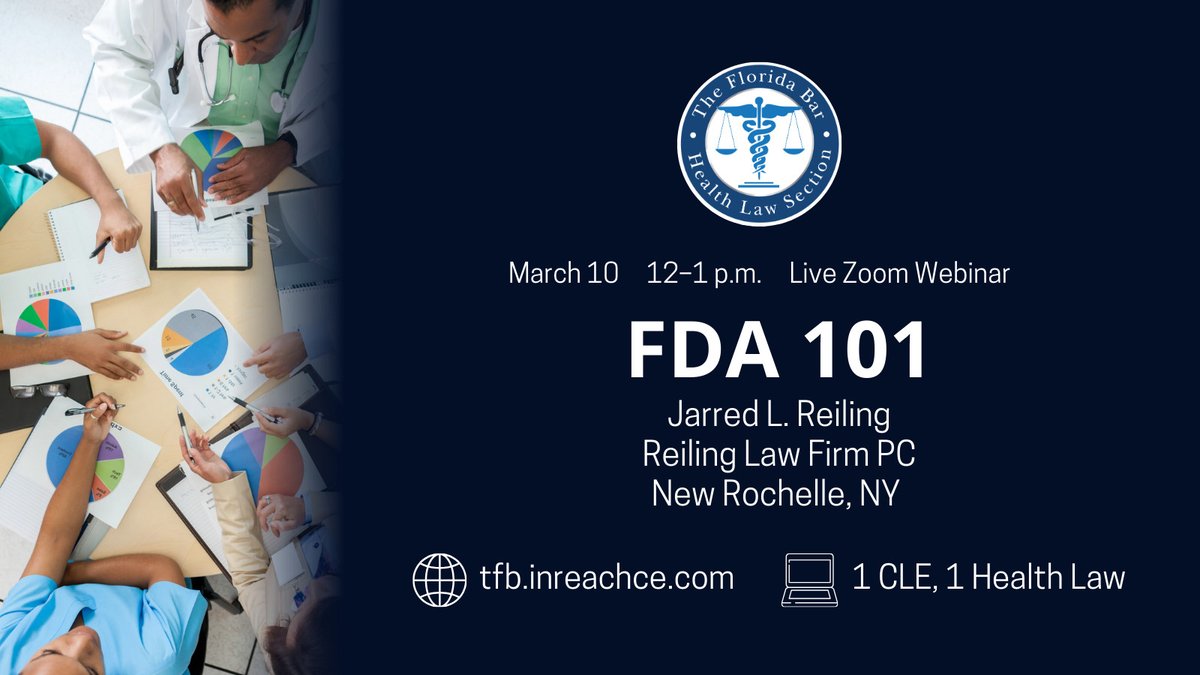 Join us on March 10 at noon for FDA 101, a live Zoom CLE presented by Jarred Reiling, a former FDA attorney with 15+ years of experience in FDA and healthcare regulatory matters. 1 CLE; 1 Health Law. Register now at bit.ly/HLS_9626.