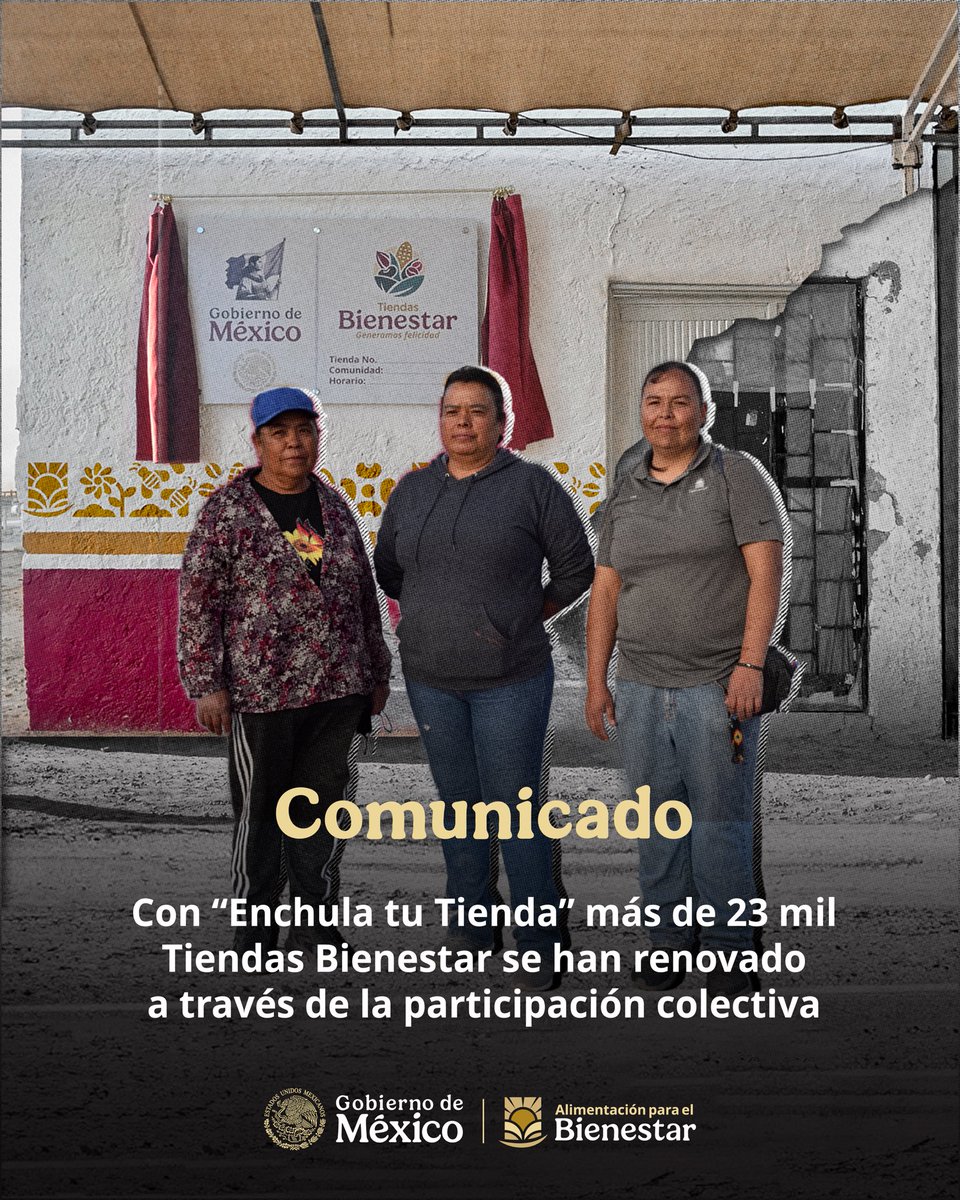 alimenbienestar's tweet photo. 📌 COMUNICADO

Gracias a la participación colectiva, renovamos y rehabilitamos las #TiendasBienestar. A través del programa Enchula Tu Tienda, realizamos asambleas comunitarias, faenas y tequios que hacen posible estas acciones, fortaleciendo además la identidad y el sentido de pertenencia en estos espacios. 🇲🇽

Descubre más aquí. 👇🏾
https://t.co/a0DqqZAfFL