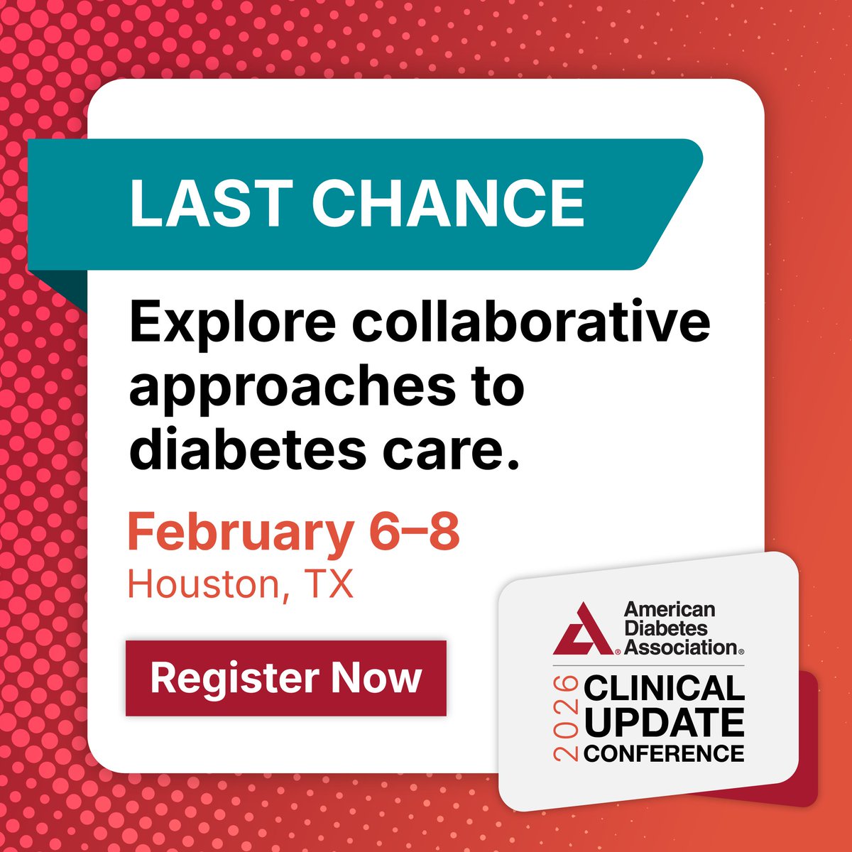 ADA_DiabetesPro's tweet photo. Last chance to join us for three days of timely, engaging discussions at the 2026 Clinical Update Conference (CUC ’26), February 6–8 in Houston, TX.
🔗 Register today: https://t.co/cZYYYmEiEA
#CUC26 #ClinicalUpdateConference https://t.co/HFHG72NNy2