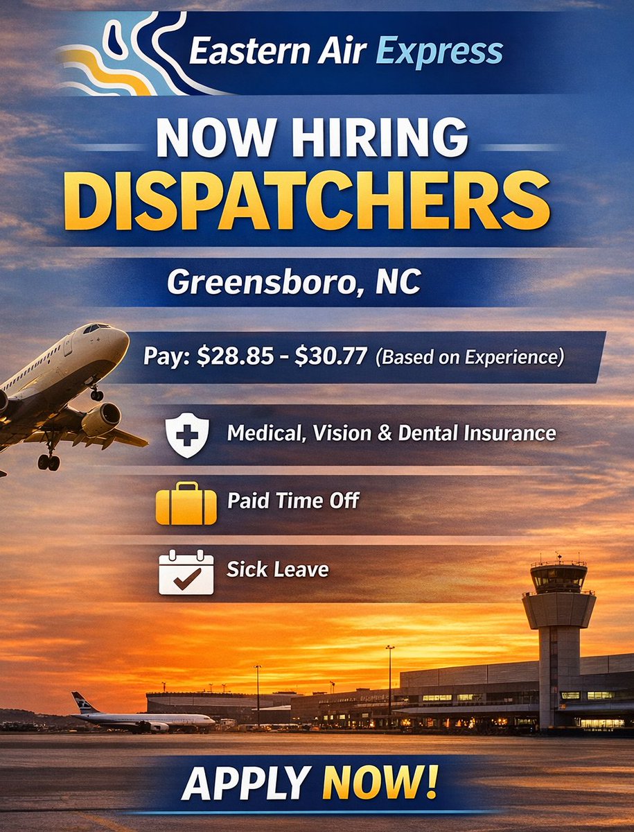 AvDispatcher's tweet photo. Eastern Air Express is looking for Dispatchers to join our team in Greensboro, North Carolina!

✴️ Pay: $28.85 - $30.77/hr (based on experience)
✴️ Medical, Vision, and Dental insurance
✴️ Paid Time Off
✴️ Sick Leave

Apply here ➡️ https://t.co/mEbooEXhLu https://t.co/yFF27ckXs4