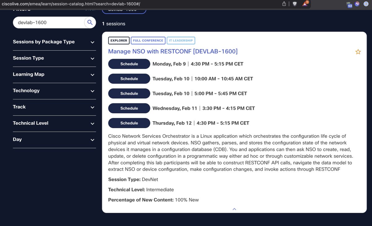 CiscoDevNet's tweet photo. 🚨 Don’t miss the DevNet Labs Studio session at #CiscoLive: "Manage NSO with RESTCONF"! Learn to build RESTCONF API calls, navigate NSO data models &amp; automate device configs like a pro.

Schedule here 👉 https://t.co/AyyTuVBm2K #DevNetZone #DevNet #Cisco https://t.co/EIk0O8U9aw