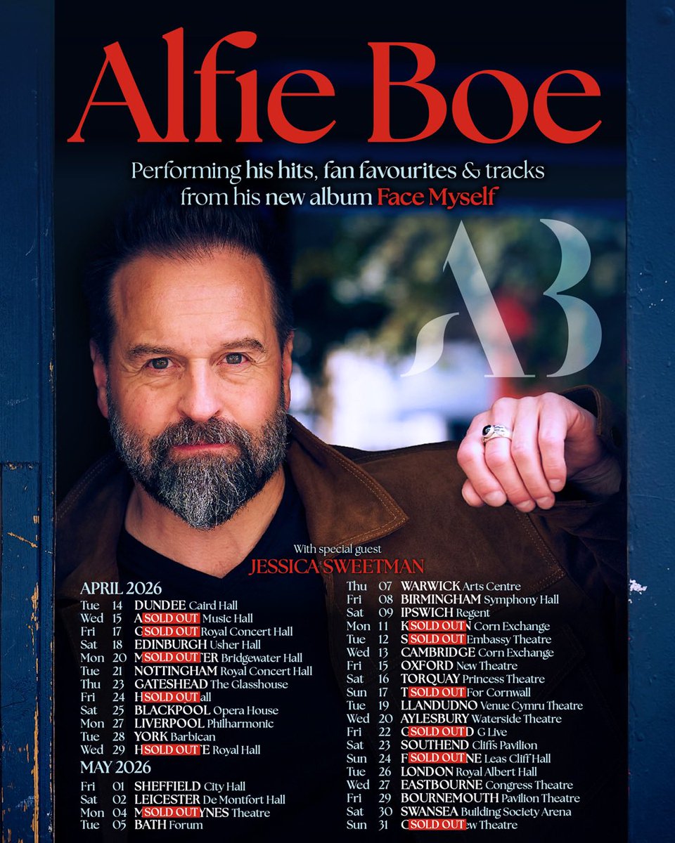 AlfieBoe's tweet photo. The Facing Myself Tour 2026 is on sale now, with multiple sold-out dates already ♥️

I’ll be playing the hits, your favourites, and songs from Face Myself.

Grab tickets now: https://t.co/UQ5nHikKtu https://t.co/Phbl9LLo3o