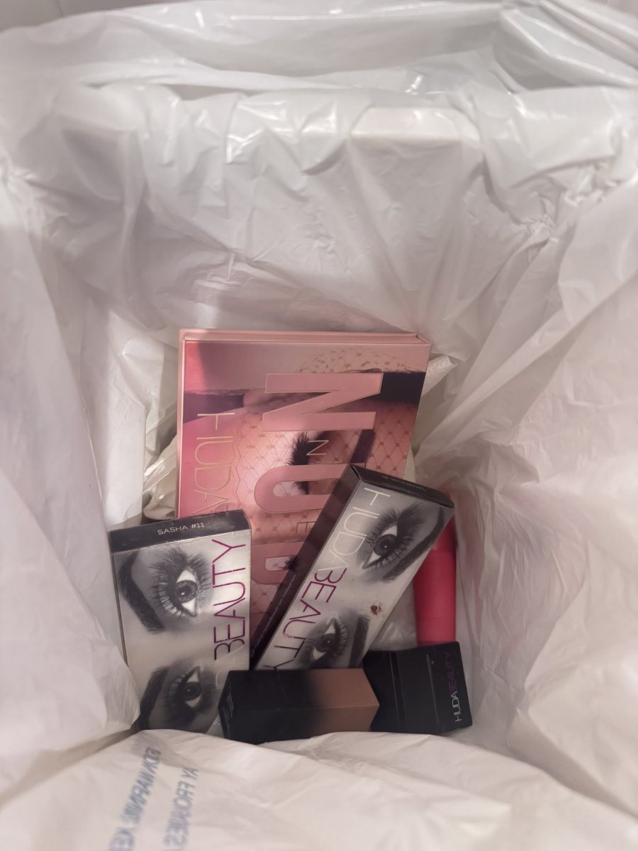 Helgz47's tweet photo. All my Huda Beauty products in the trash where they belong 🗑️✌🏻. @Sephora needs to drop her immediately. #Boycotthudabeauty #IranRevolution2026 https://t.co/RoszZTxdOG