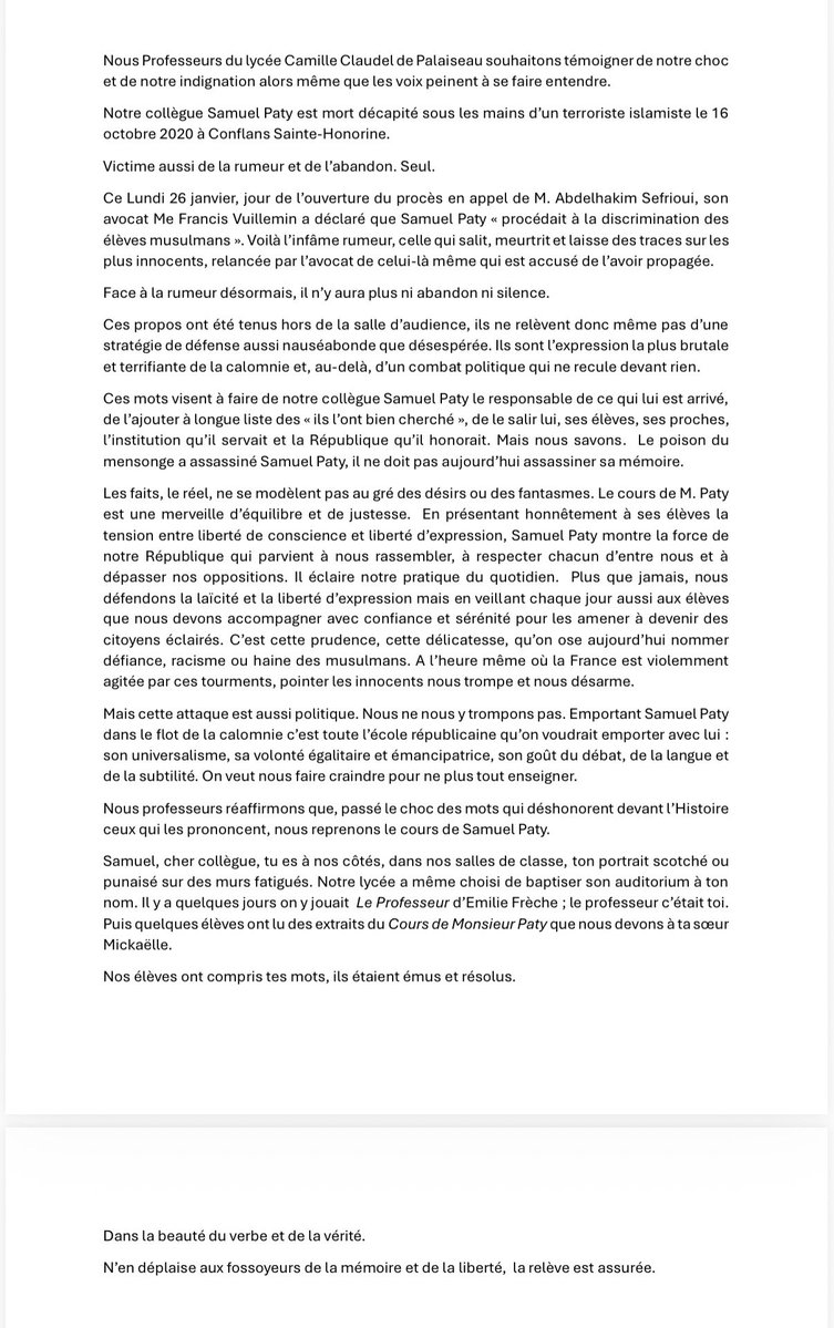 Les professeurs du Lycée Camille Claudel de Palaiseau m’ont transmis cette lettre en me demandant de la partager. 
Si elle vous parle, soyez leurs voix.
#samuelpaty