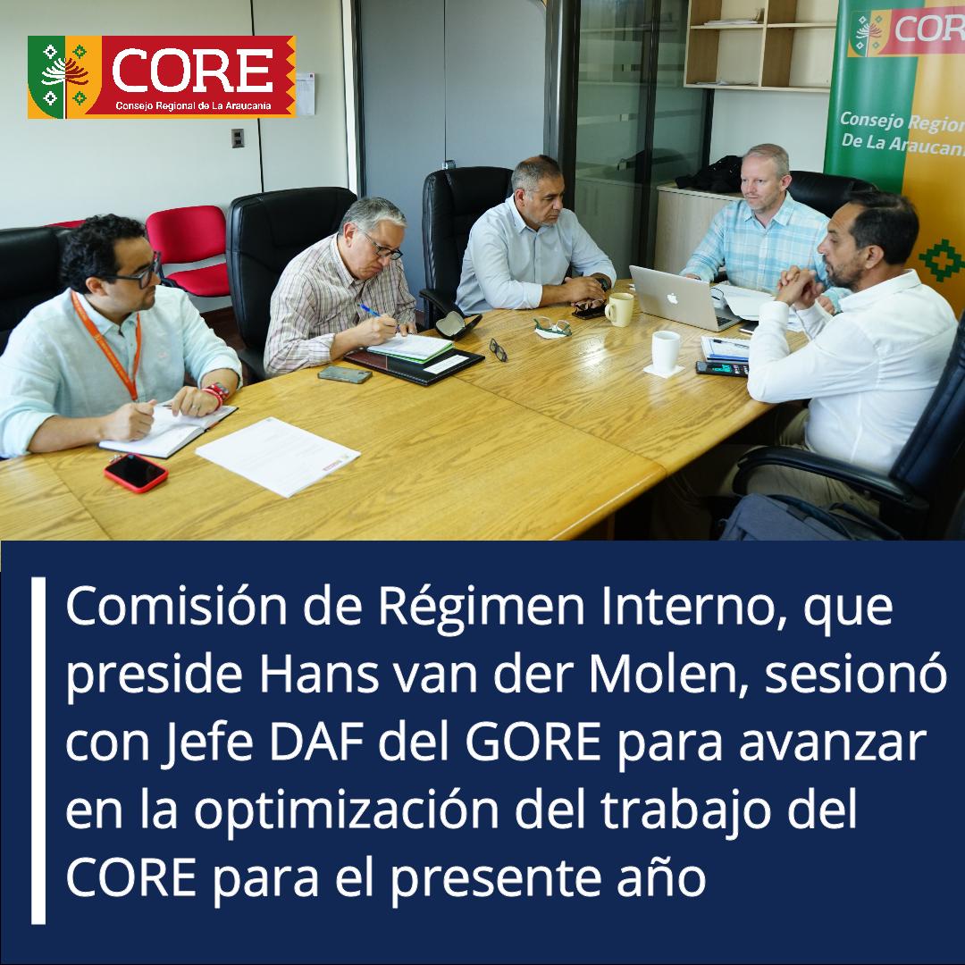 📌Comisión de Régimen Interno, presidida por el consejero Hans van der Molen, sesionó junto al Jefe DAF del <a href="/gorearaucania/">Gobierno de La Araucanía</a> Eduardo Novoa, para revisar avances y fortalecer el funcionamiento del CORE y sus comisiones. Participaron los consejeros Mauricio Devaud y Cristian Herrera.