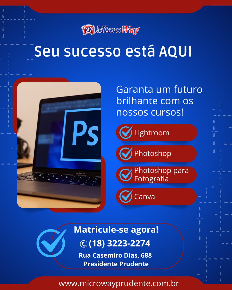 Microwayprudent's tweet photo. Quer elevar o nível das suas criações?
Aprenda Lightroom, Photoshop, Photoshop para Fotografia e Canva e dê mais impacto aos seus projetos pessoais ou profissionais.
📚 Matrículas abertas!

https://t.co/JqXiPhS6mw https://t.co/iFq3NLQ7Dx