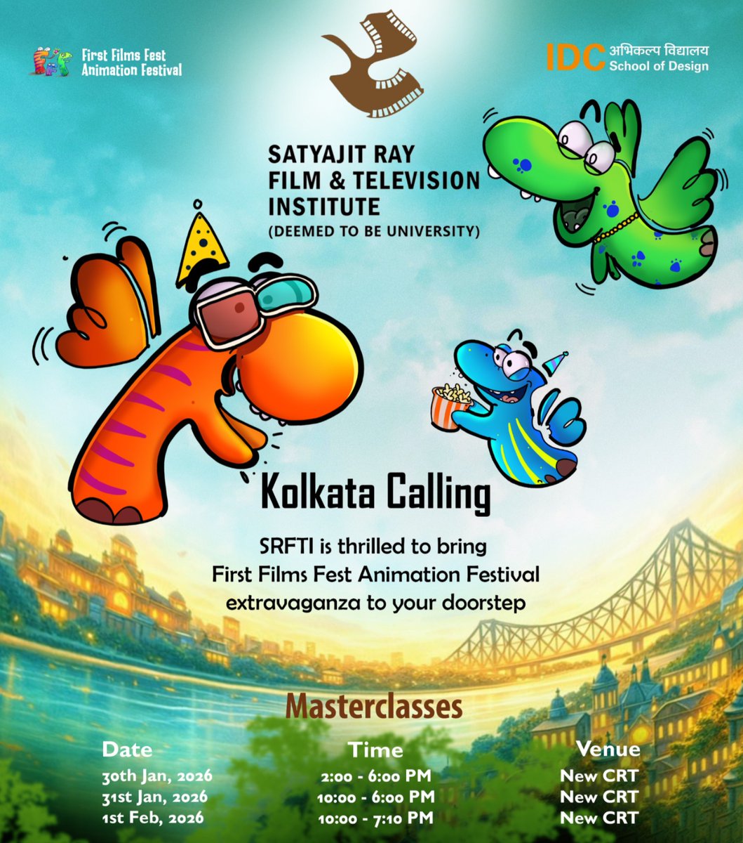 srfti_official's tweet photo. 📣 Satyajit Ray Film & Television Institute (SRFTI), Kolkata, is delighted to present a special series of masterclasses curated by the First Films Fest Animation Festival, in collaboration with the IDC School of Design.

🗓️ Date & Time:

✅ 30th January, 2026 (Friday)
      02:00 pm - 06:00 pm

✅ 31st January, 2026 (Saturday)
      10:00 am - 06:00 pm

✅ 1st February, 2026 (Sunday)
      10:00 am - 07:10 pm

📍 Venue: New CRT, SRFTI, Kolkata.

This initiative offers an engaging platform for creative learning and exploration in animation and design.

#SRFTI #IDC #SchoolOfDesign #FFF #FirstFilmsFest #AnimationFestival #AnimationCinema #MasterClass