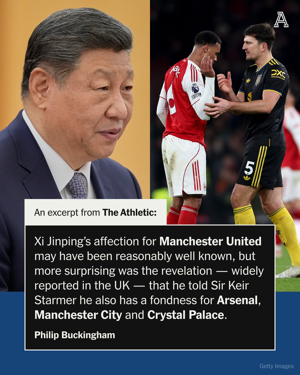 TheAthleticFC's tweet photo. Sir Keir Starmer presented China’s president Xi Jinping with a Premier League match ball flown 5,000 miles from London.

According to widespread reports from UK journalists travelling with Starmer, the UK Prime Minister arrived in Beijing armed with one of the yellow Puma match balls used in Sunday’s Premier League fixture between Arsenal and Manchester United, a game he had attended at the Emirates Stadium.

Xi’s affection for Manchester United may have been reasonably well known, but more surprising was the revelation — widely reported in the UK — that he told Starmer he also has a fondness for Arsenal, Manchester City and Crystal Palace.

@PJBuckingham

🔗 https://t.co/riqtIAAxB7
