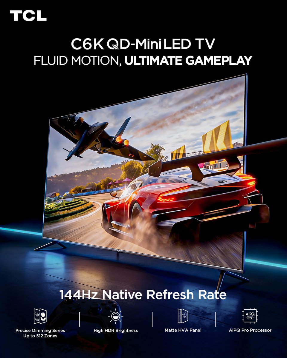 ghana_tcl's tweet image. Experience seamless motion and unmatched gameplay with the C6K QD-Mini LED TV . Its 144Hz native refresh rate ensures every frame is smooth, precise and responsive, putting you right at the center of the action. Experience gaming without limits.

#C6K #UnbeatablePerformance