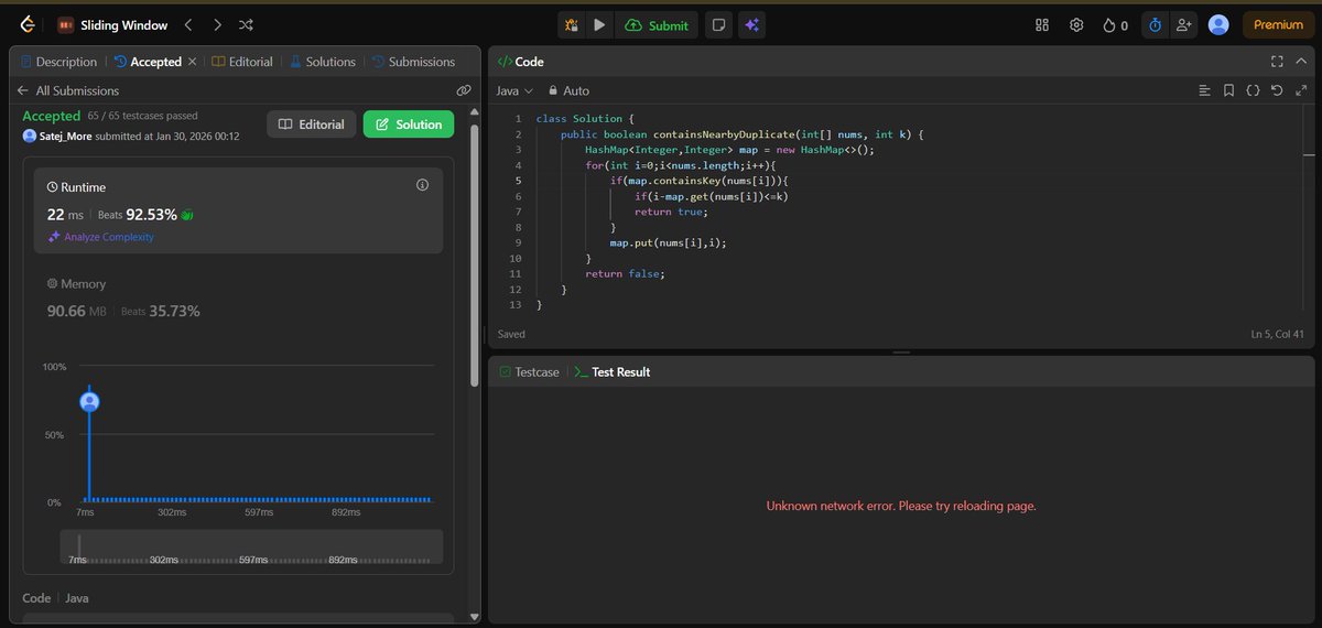 SatejMore260450's tweet photo. Day 21 of DSA Journey ✅
LeetCode 219: Contains Duplicate II
Used sliding window along with HashMap
#LeetCode #DSA #BuildiInPublic #programming https://t.co/llmQc5QXVy