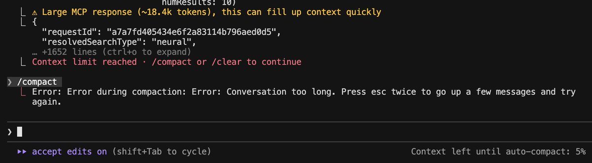 seb_uk's tweet photo. @_catwu &amp; @bcherny when MCP tools return more tokens than remain in context (eg @ExaAILabs), Claude Code can’t compact.

ideally if we hit that, we could get context just before that last tool call, compact there and then retry the last tool call https://t.co/Pb493JJIBo