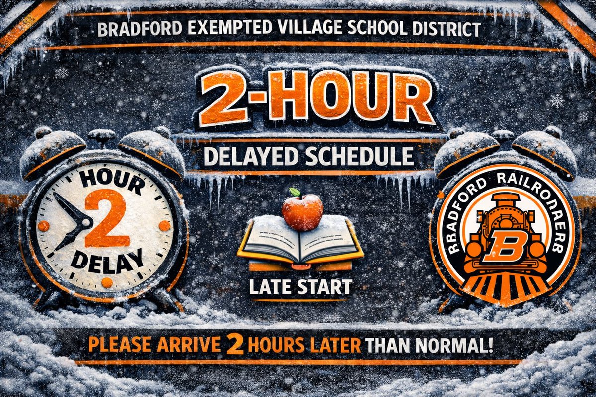 Bradford EVSD will operate on a 2-hr delay tomorrow Friday 1/30/2026. The cold day bus pickup will be at the library from 9:40-9:50. 
Thank you, stay safe and go Railroaders!