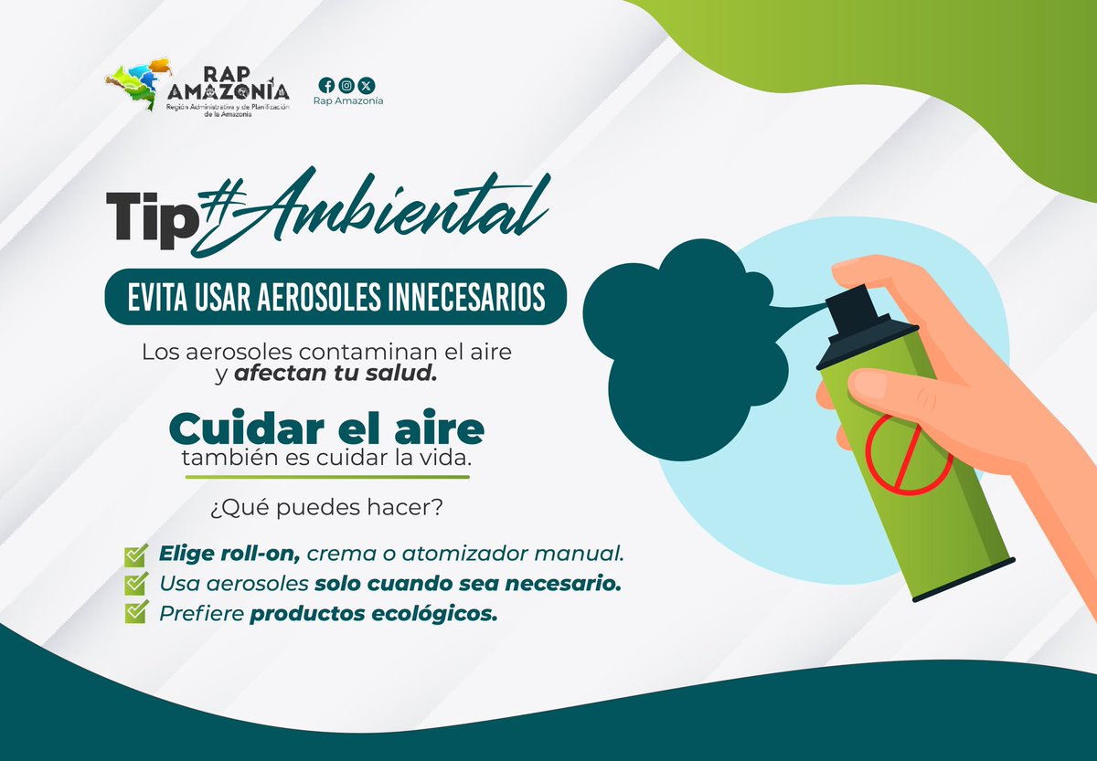 ✅ Reducir el uso de aerosoles es un pequeño cambio que genera un gran impacto positivo en el aire y en la protección del entorno #amazónico.

#SomosRAPAmazonía
#TipAmbiental