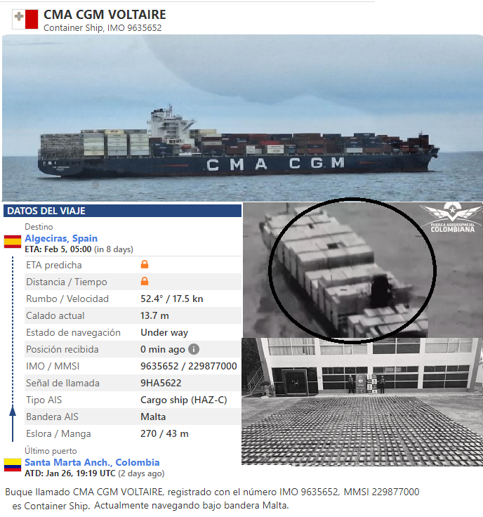!Alerta! Este 27/01/26 se incautaron 2000kg/cocaína en el buque CMA/CGM/Voltaire entre Cartagena a Algeciras/ESP. Al buque le habían incautado 715kg en esa ruta en 2022 y su propiedad es del grupo CMA/CGM de Rodolphe Saadé amigo personal de Trump. Petro debe ser informado. Hilo👇