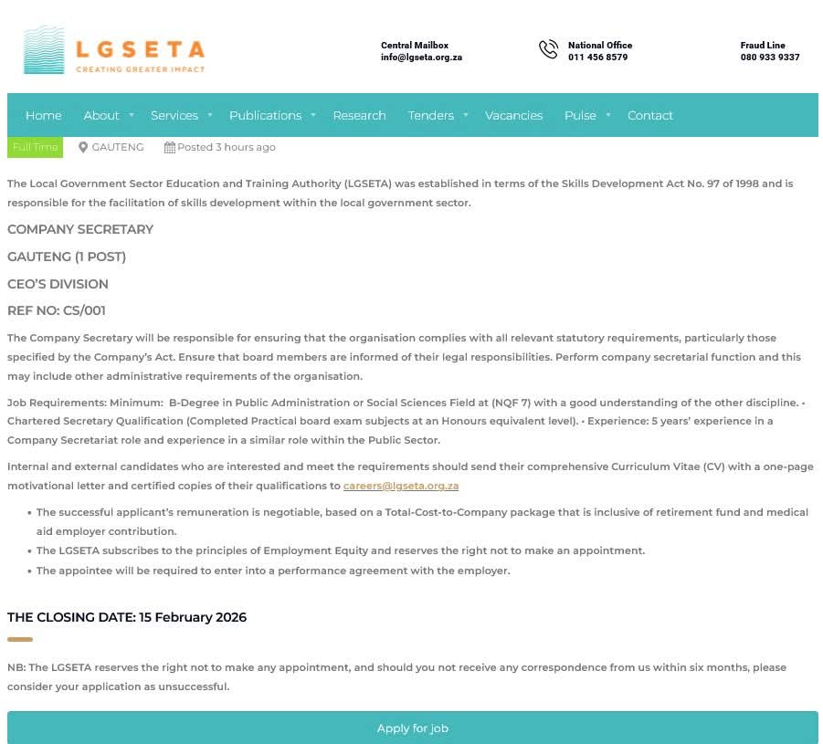 CarolBoitumelo1's tweet photo. LG SETA is hiring!

1. Grants Administrators x2
2. Company Secretary

Email your CV and certified copies of qualifications to careers@lgseta.org.za

Closing Date 15 February 2026
📍Gauteng https://t.co/1DQuDSY5J3