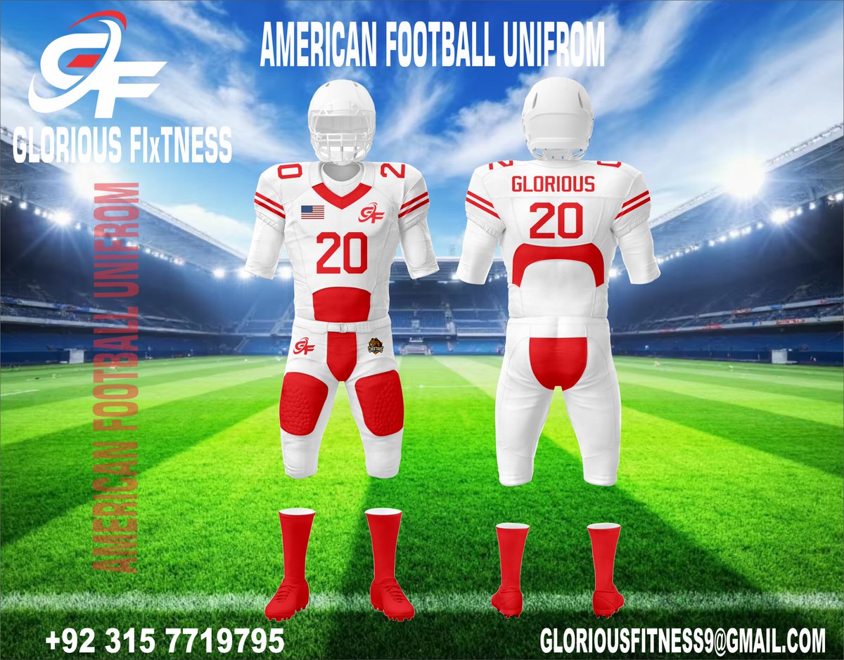 High-quality American Football uniforms crafted for elite teams-ultimate comfort, pro-level fit, and unbeatable strength'

spendex

100% polyster
full sublimated with tackel twil
330GSM
#American Football#footballuniforms#sportsapparel#customsportswear#teamwear glorious Fitness