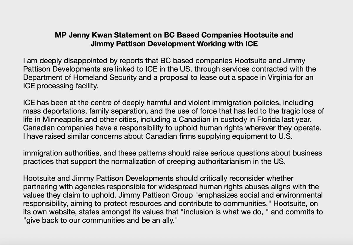 I am deeply disappointed by reports linking BC-based <a href="/Hootsuite/">Hootsuite 🦉</a> and Jimmy Pattison Developments to ICE. Whether through DHS contracts or leasing processing facilities, Canadian companies have a responsibility to uphold human rights wherever they operate.  1/3