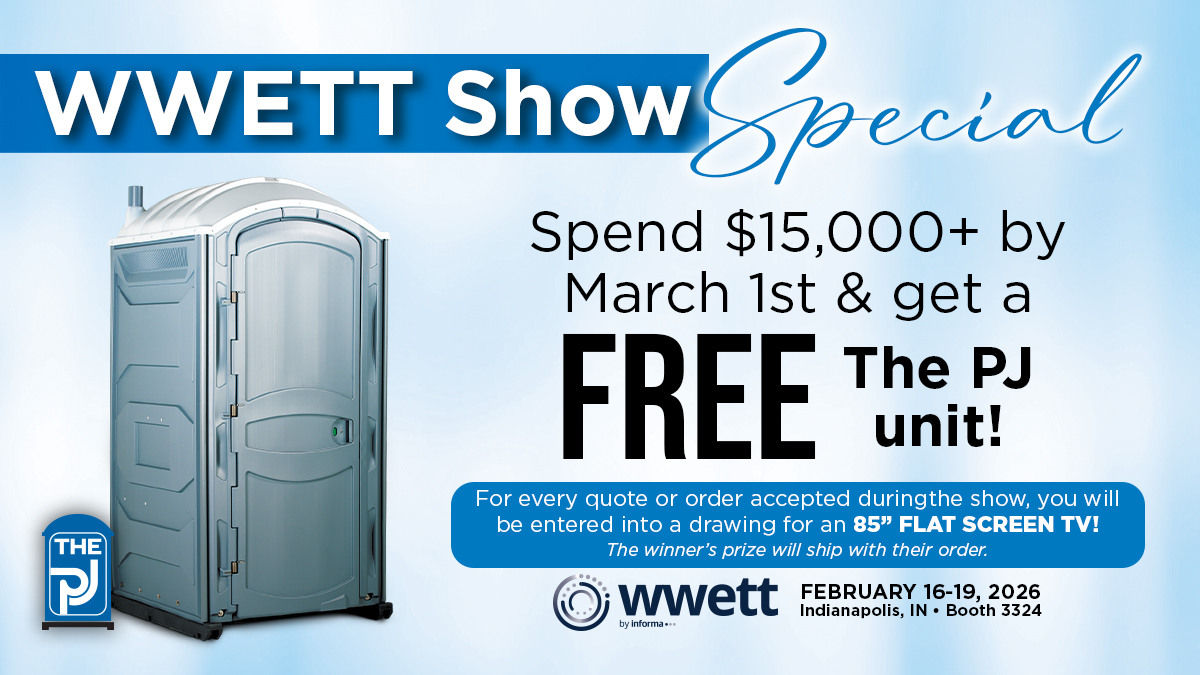 POLYJOHN's tweet image. 2026 @WWETTShow Special: Get a FREE The PJ unit if your spending total on PolyJohn products between 12/15/25 &amp;amp; 3/1/26 is $15,000+. (Limit one per customer; Only available to US customers)

Come see us at Booth 3324 &amp;amp; order or get a quote for a chance to win an 85” TV.

#WWETTShow